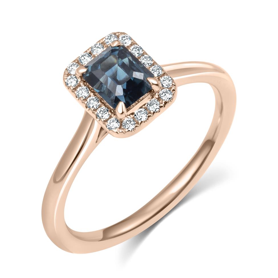 18ct Rose Gold Emerald Cut Teal Sapphire and Diamond Halo Engagement Ring 1.17ct Thumbnail Image 0