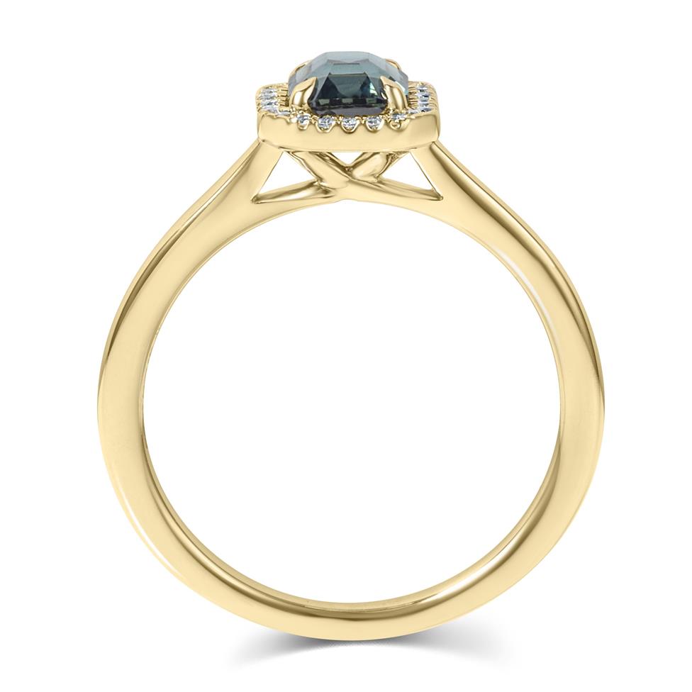 18ct Yellow Gold Emerald Cut Teal Sapphire and Diamond Halo Engagement Ring 1.09ct Thumbnail Image 2