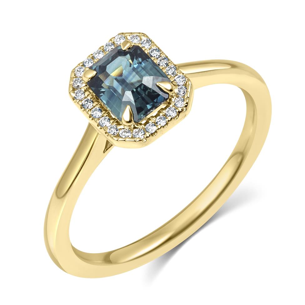 18ct Yellow Gold Emerald Cut Teal Sapphire and Diamond Halo Engagement Ring 1.09ct Thumbnail Image 0