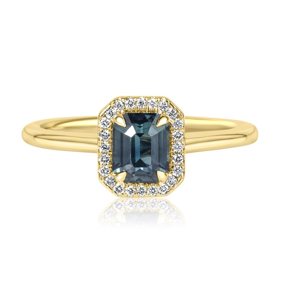 18ct Yellow Gold Emerald Cut Teal Sapphire and Diamond Halo Engagement Ring 1.09ct Thumbnail Image 1