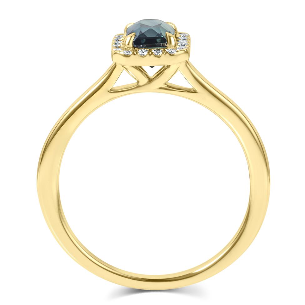 18ct Yellow Gold Emerald Cut Teal Sapphire and Diamond Halo Engagement Ring 1.17ct Thumbnail Image 2