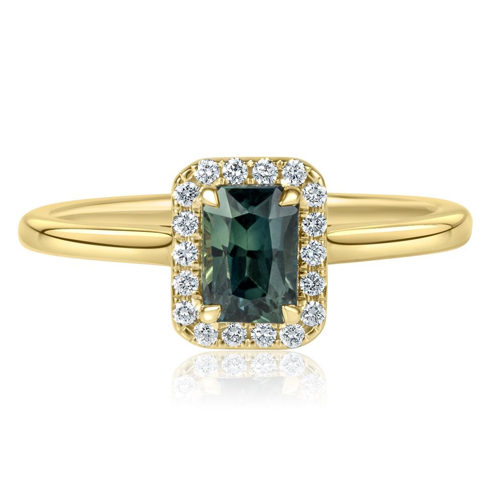 18ct Yellow Gold Emerald Cut Teal Sapphire and Diamond Halo Engagement Ring 1.17ct Thumbnail Image 1