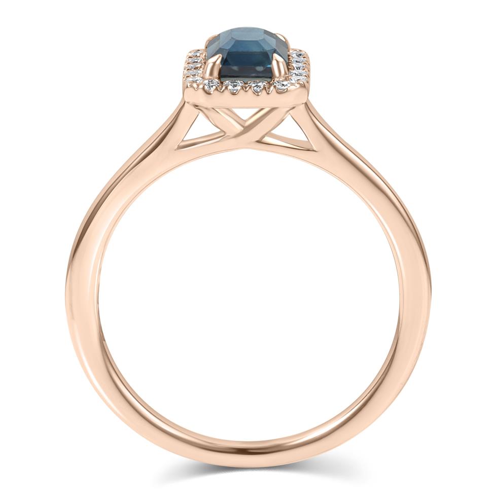18ct Rose Gold Emerald Cut Teal Sapphire and Diamond Halo Engagement Ring 1.17ct Thumbnail Image 2