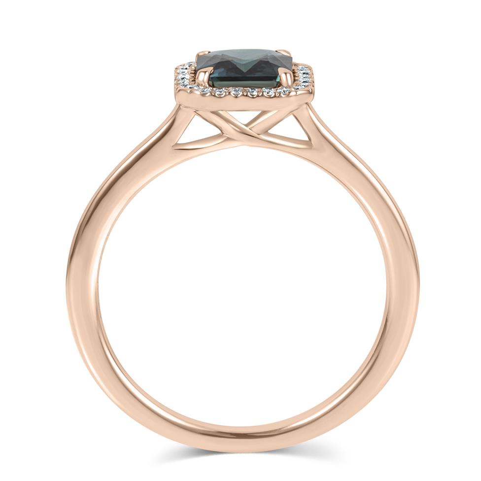 18ct Rose Gold Radiant Cut Teal Sapphire and Diamond Halo Engagement Ring 1.12ct Thumbnail Image 2