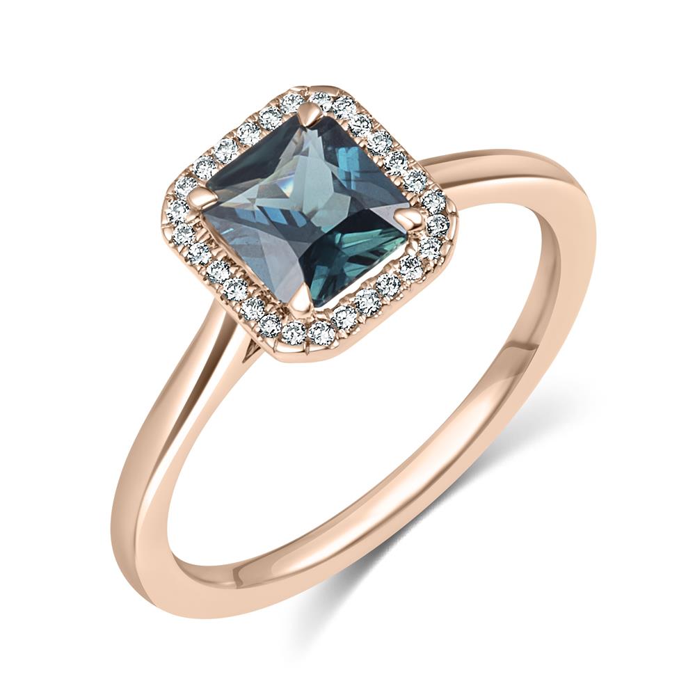 18ct Rose Gold Radiant Cut Teal Sapphire and Diamond Halo Engagement Ring 1.12ct Thumbnail Image 0