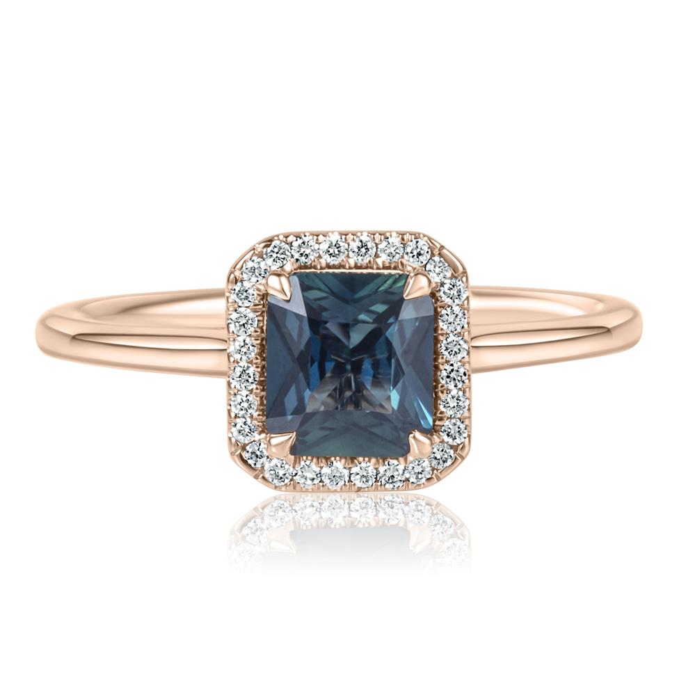 18ct Rose Gold Radiant Cut Teal Sapphire and Diamond Halo Engagement Ring 1.12ct Thumbnail Image 1