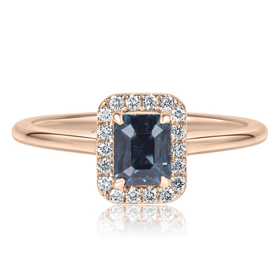 18ct Rose Gold Emerald Cut Teal Sapphire and Diamond Halo Engagement Ring 1.17ct Thumbnail Image 1