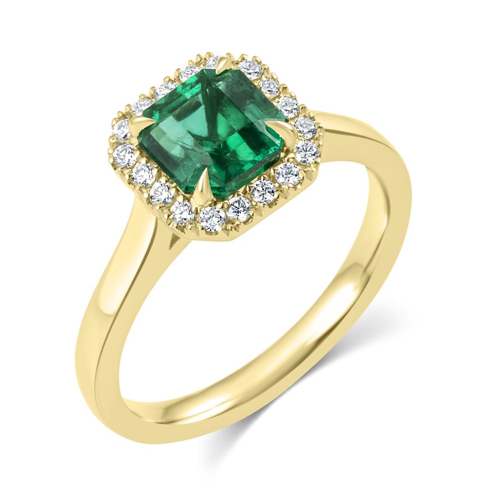 18ct Yellow Gold Asscher Cut Emerald and Diamond Halo Engagement Ring Thumbnail Image 0