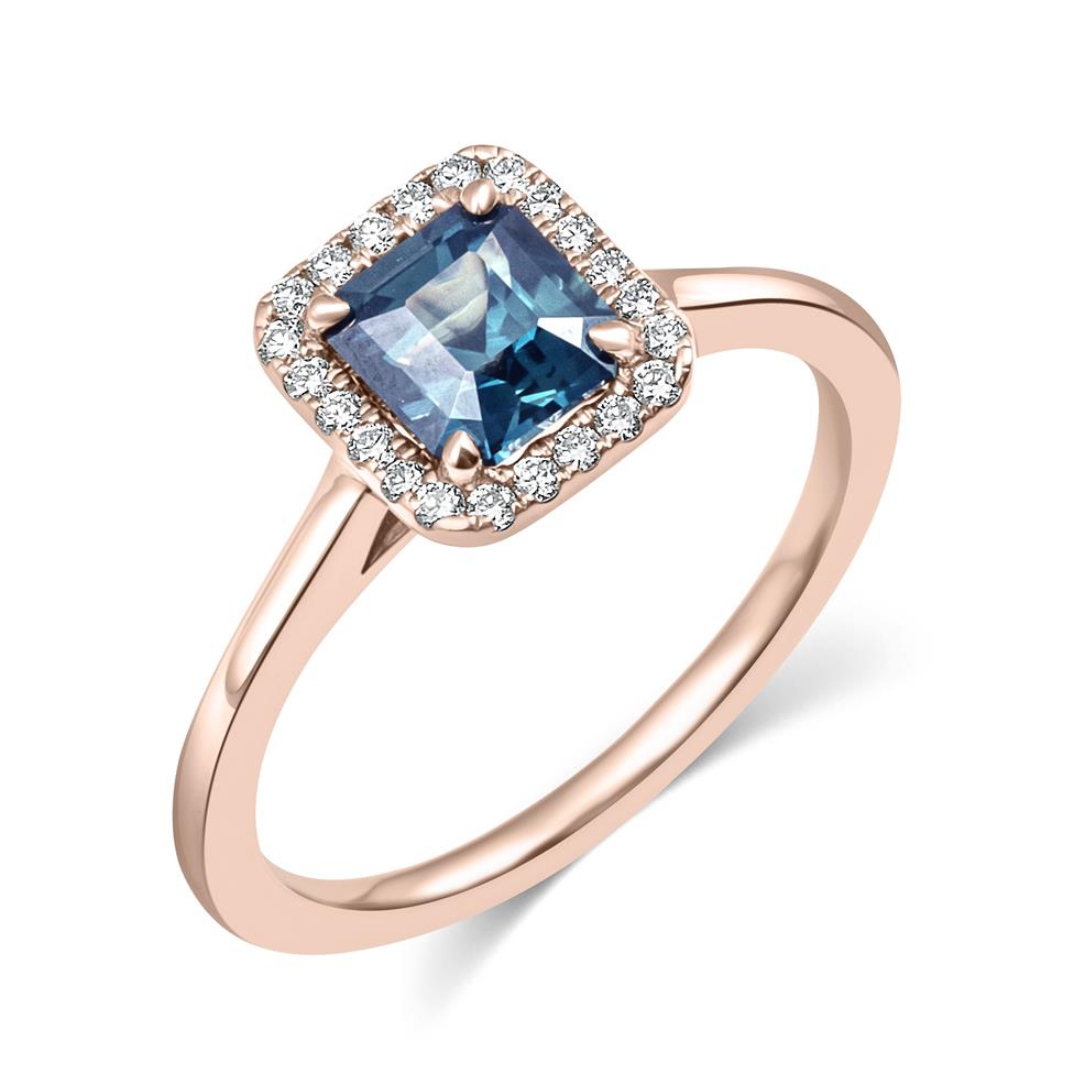 18ct Rose Gold Teal Sapphire Halo Engagement Ring 1.17ct Thumbnail Image 0