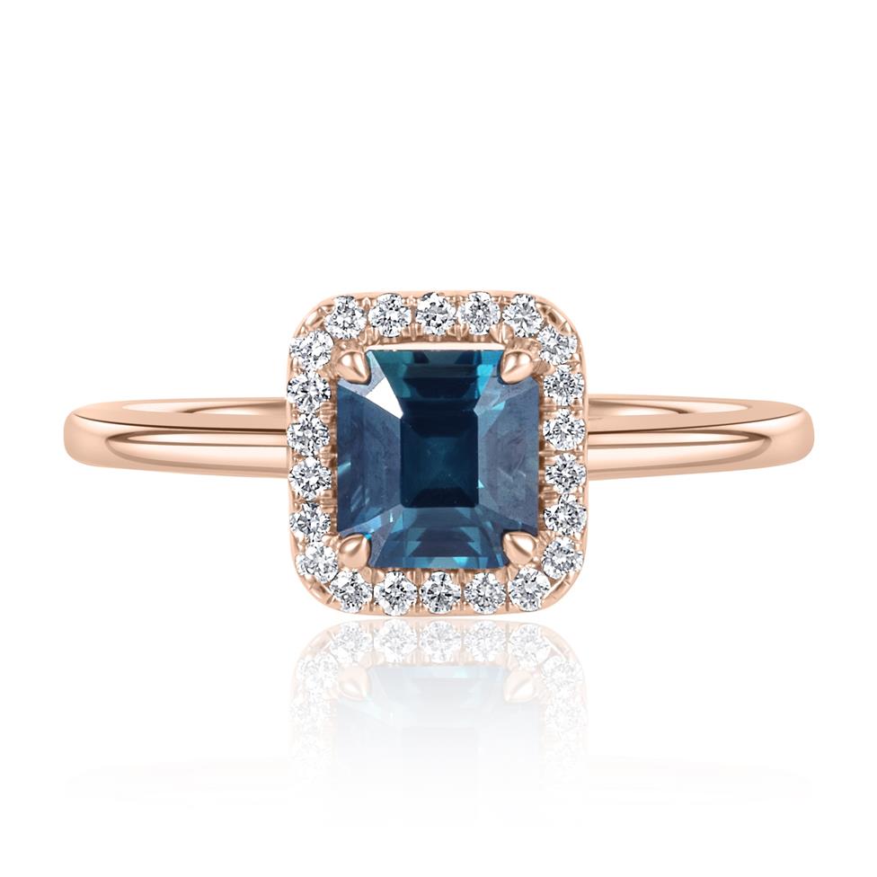 18ct Rose Gold Teal Sapphire Halo Engagement Ring 1.17ct Thumbnail Image 1