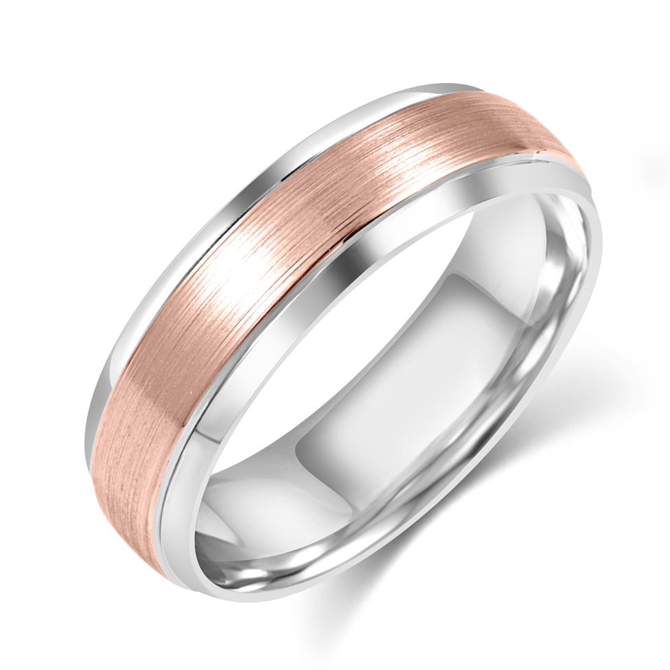 Platinum and 18ct Rose Gold Bevel Detail Wedding Ring Thumbnail Image 0