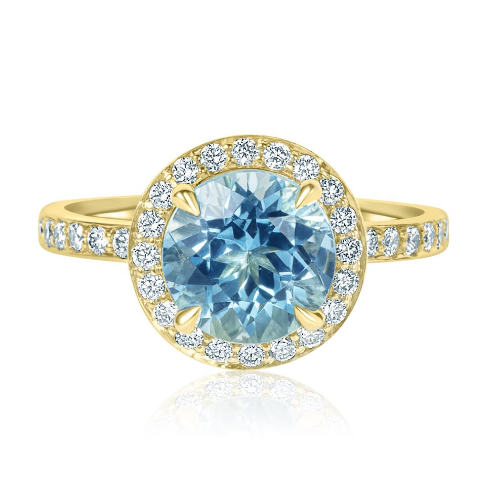 18ct Yellow Gold Aquamarine and Diamond Halo Ring Thumbnail Image 1
