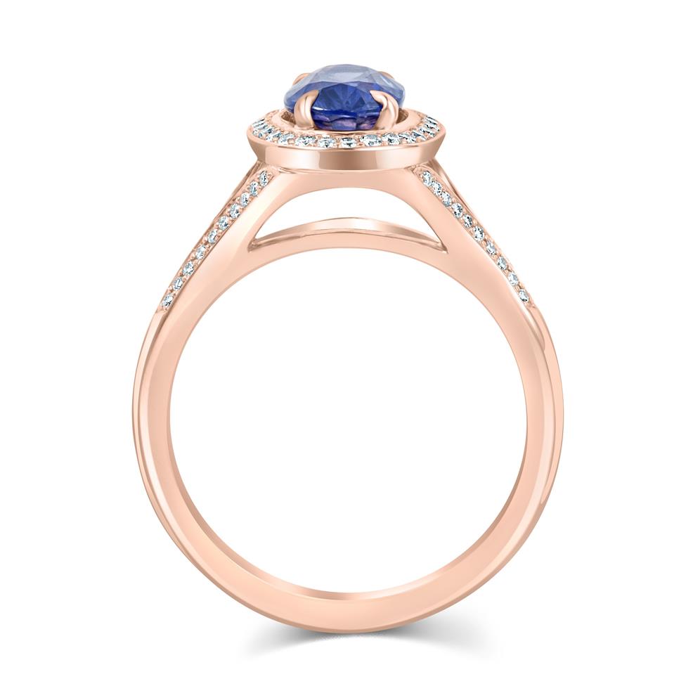 18ct Rose Gold Violet Sapphire and Diamond Halo Ring Thumbnail Image 2
