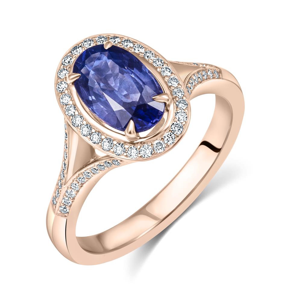 18ct Rose Gold Violet Sapphire and Diamond Halo Ring Image 1