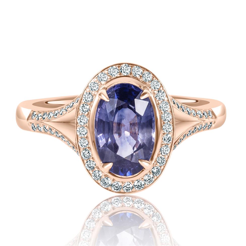 18ct Rose Gold Violet Sapphire and Diamond Halo Ring Thumbnail Image 1