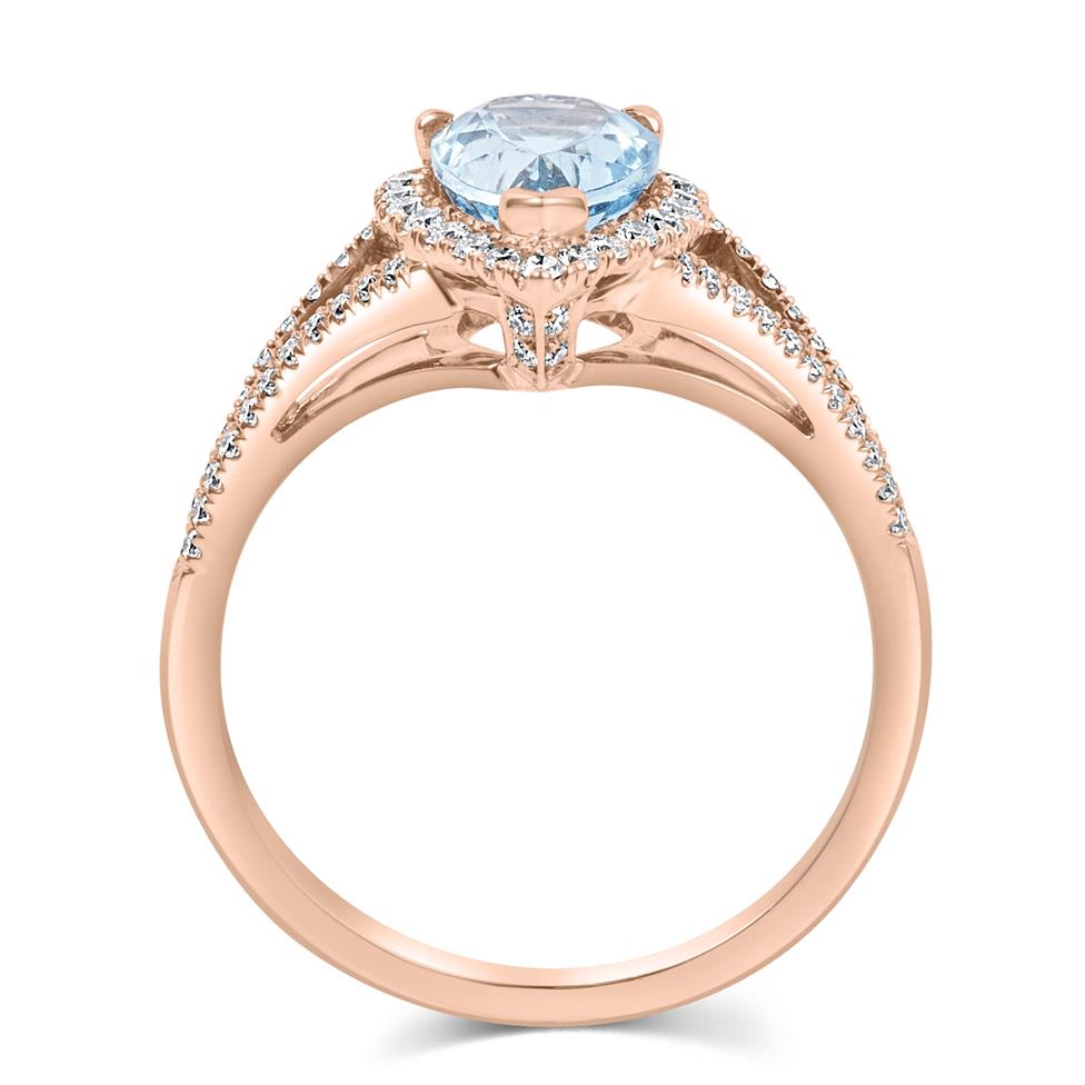 18ct Rose Gold Aquamarine and Diamond Halo Ring Thumbnail Image 2