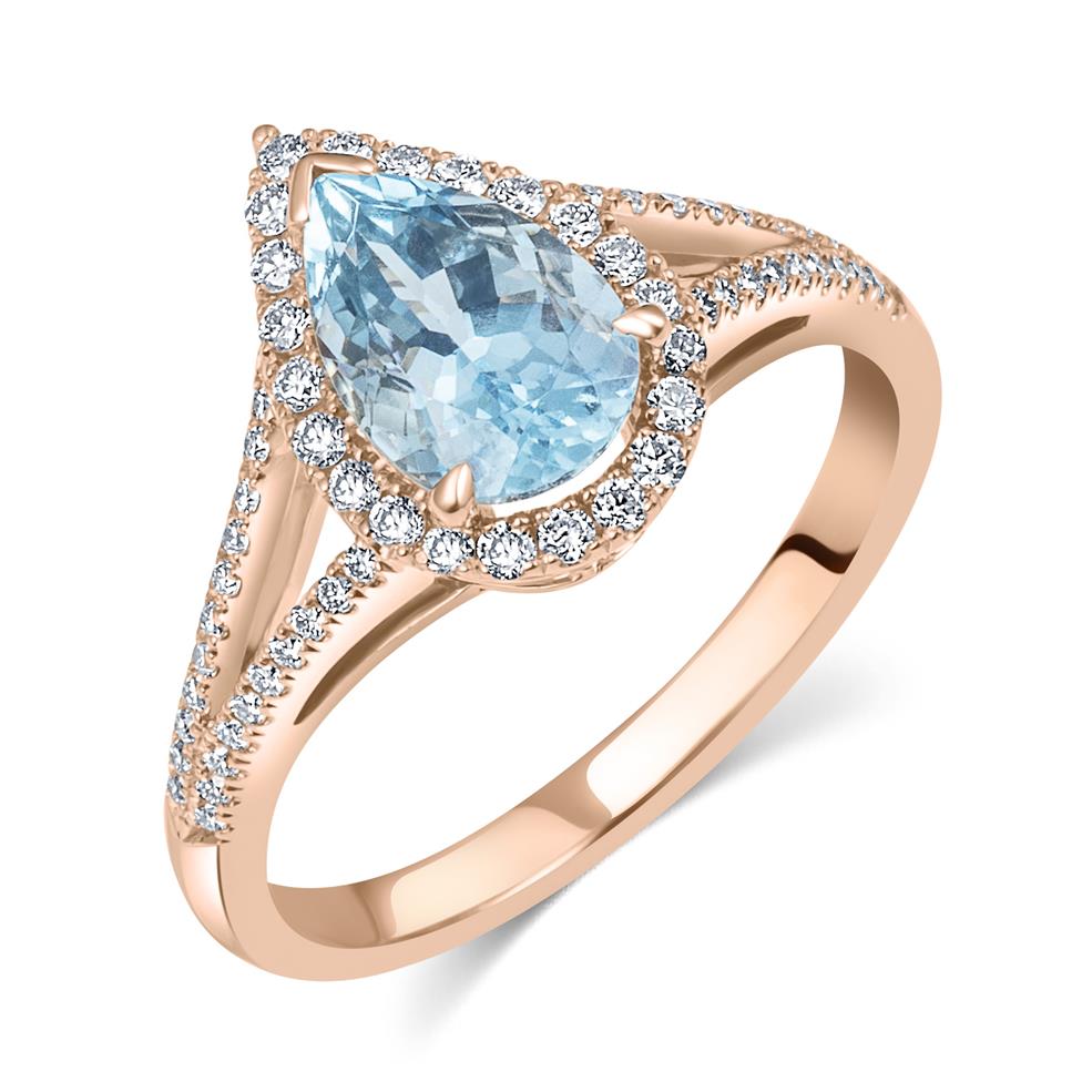 18ct Rose Gold Aquamarine and Diamond Halo Ring Thumbnail Image 0