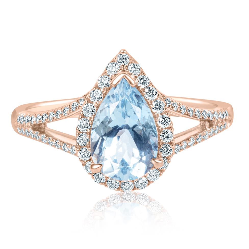 18ct Rose Gold Aquamarine and Diamond Halo Ring Thumbnail Image 1