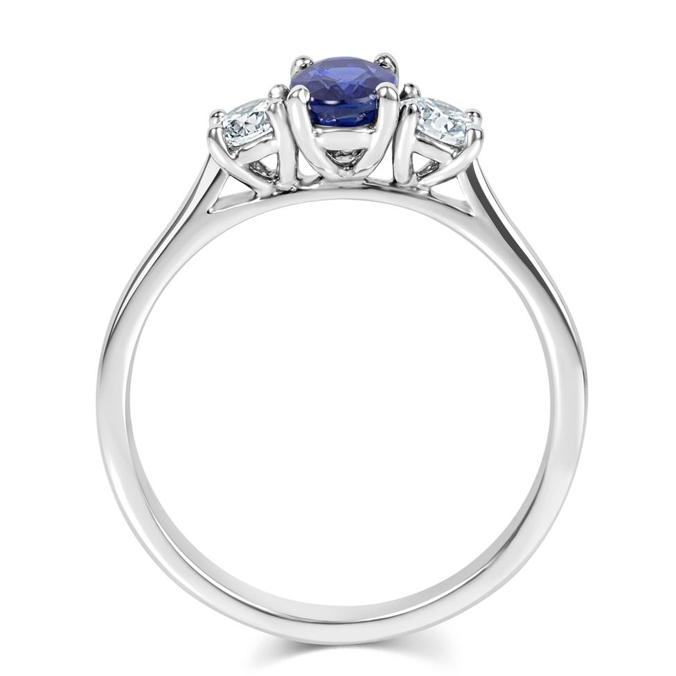 Platinum Oval Sapphire and Diamond Three Stone Engagement Ring Thumbnail Image 2