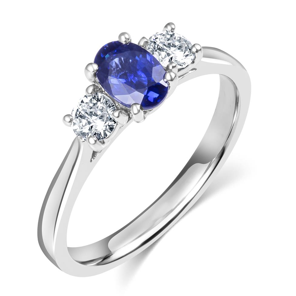 Platinum Oval Sapphire and Diamond Three Stone Engagement Ring Thumbnail Image 0