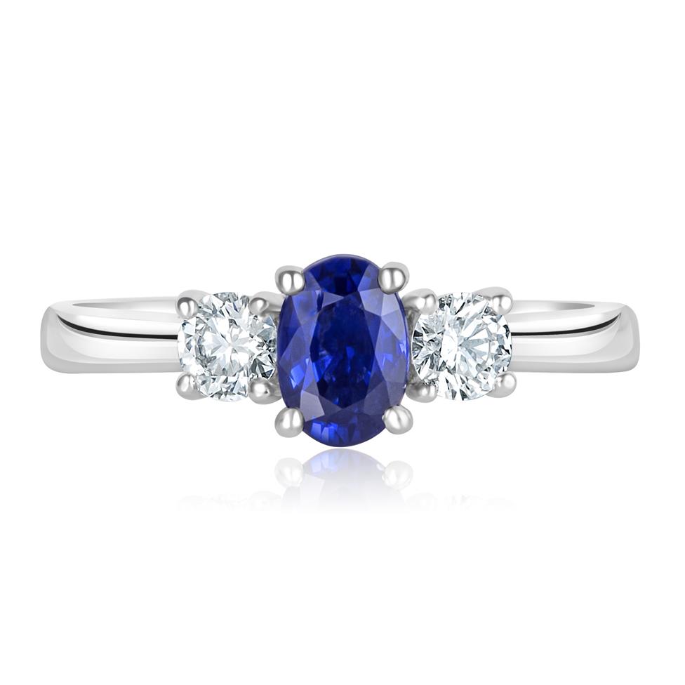 Platinum Oval Sapphire and Diamond Three Stone Engagement Ring Thumbnail Image 1