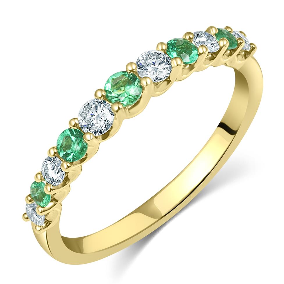 18ct Yellow Gold Emerald and Diamond Half Eternity Ring Thumbnail Image 0