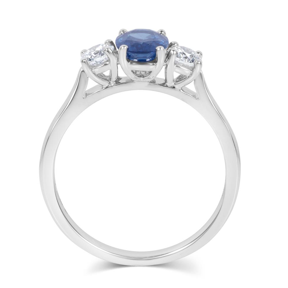 Platinum Oval Sapphire and Diamond Three Stone Engagement Ring Thumbnail Image 2
