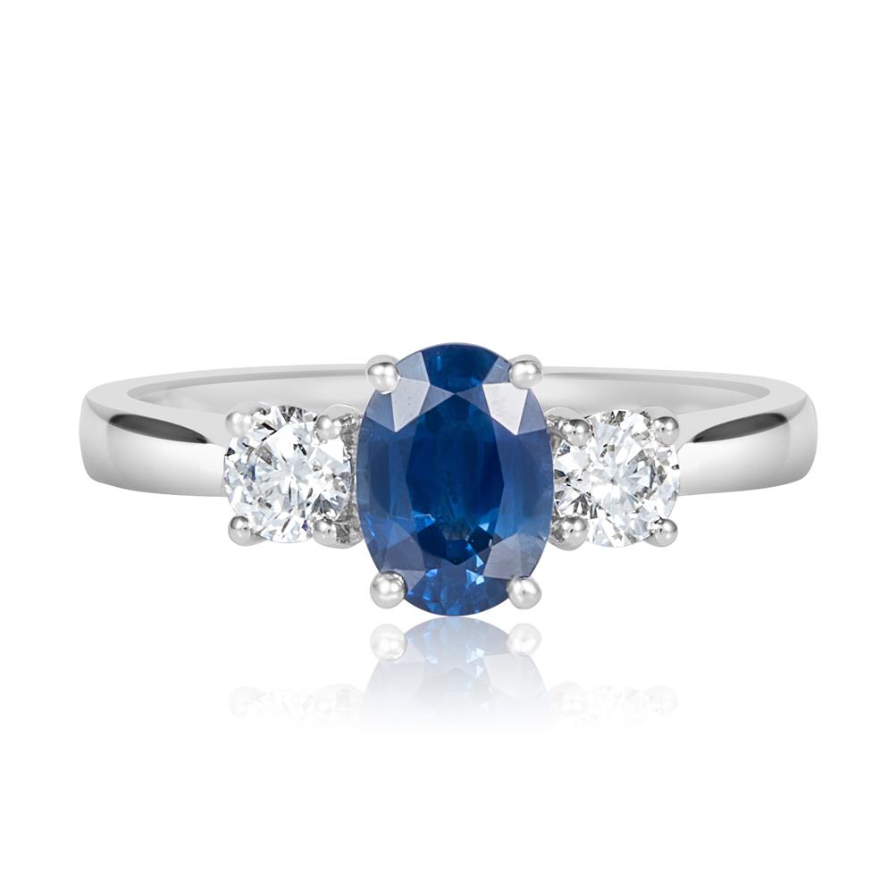 Platinum Oval Sapphire and Diamond Three Stone Engagement Ring Thumbnail Image 1