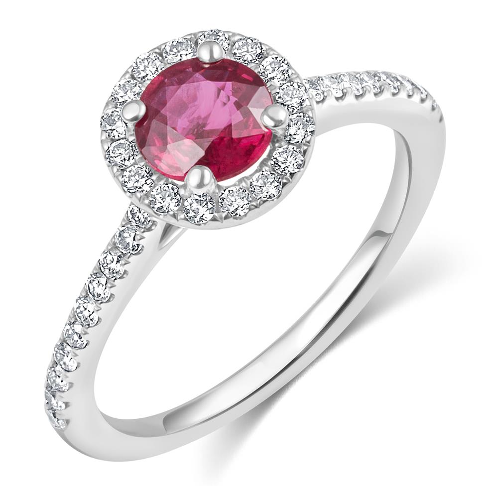 Platinum Ruby and Diamond Halo Engagement Ring Thumbnail Image 0
