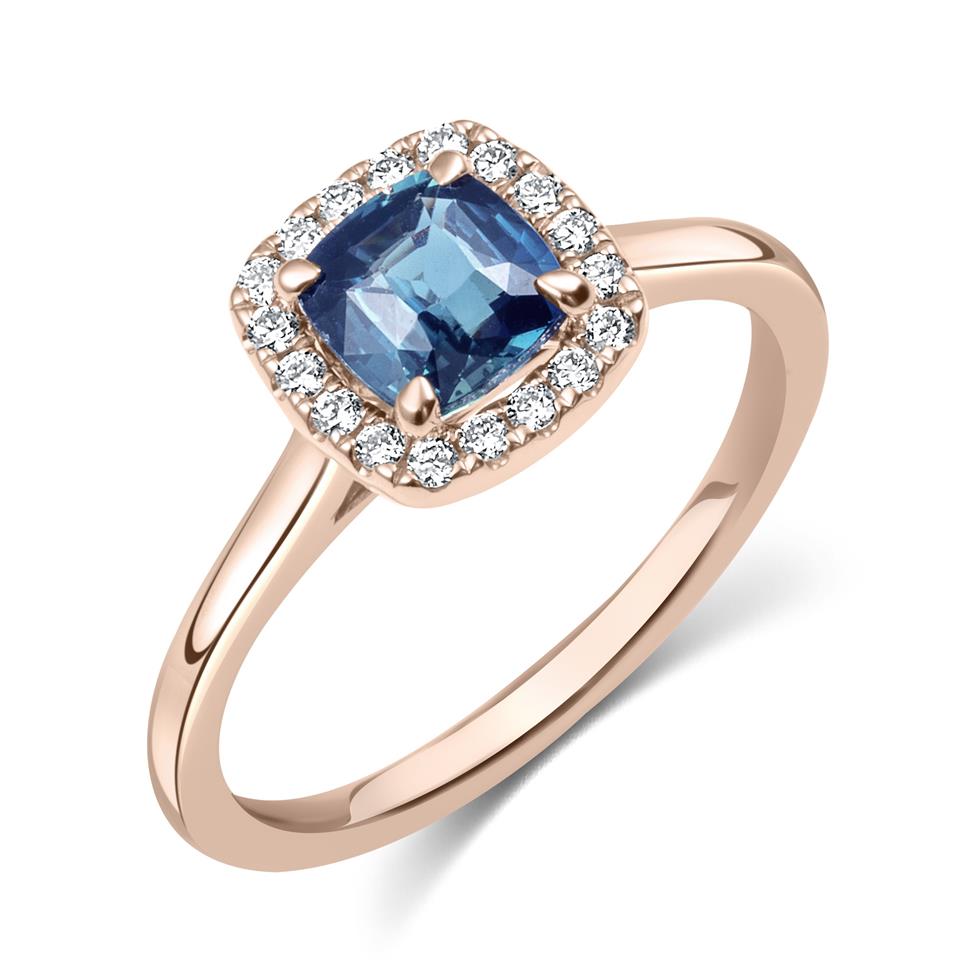 18ct Rose Gold Cushion Cut Teal Sapphire and Diamond Halo Engagement Ring Thumbnail Image 0