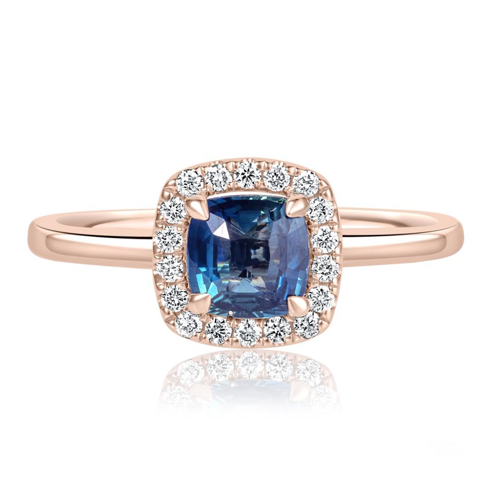 18ct Rose Gold Cushion Cut Teal Sapphire and Diamond Halo Engagement Ring Thumbnail Image 1
