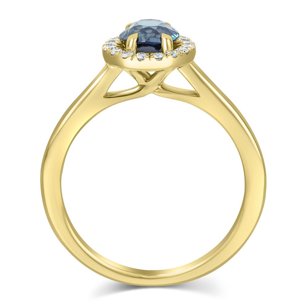 18ct Yellow Gold Oval Teal Sapphire and Diamond Halo Engagement Ring Thumbnail Image 2