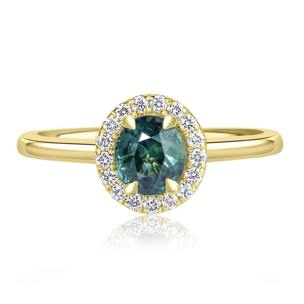 18ct Yellow Gold Oval Teal Sapphire and Diamond Halo Engagement Ring Thumbnail Image 1