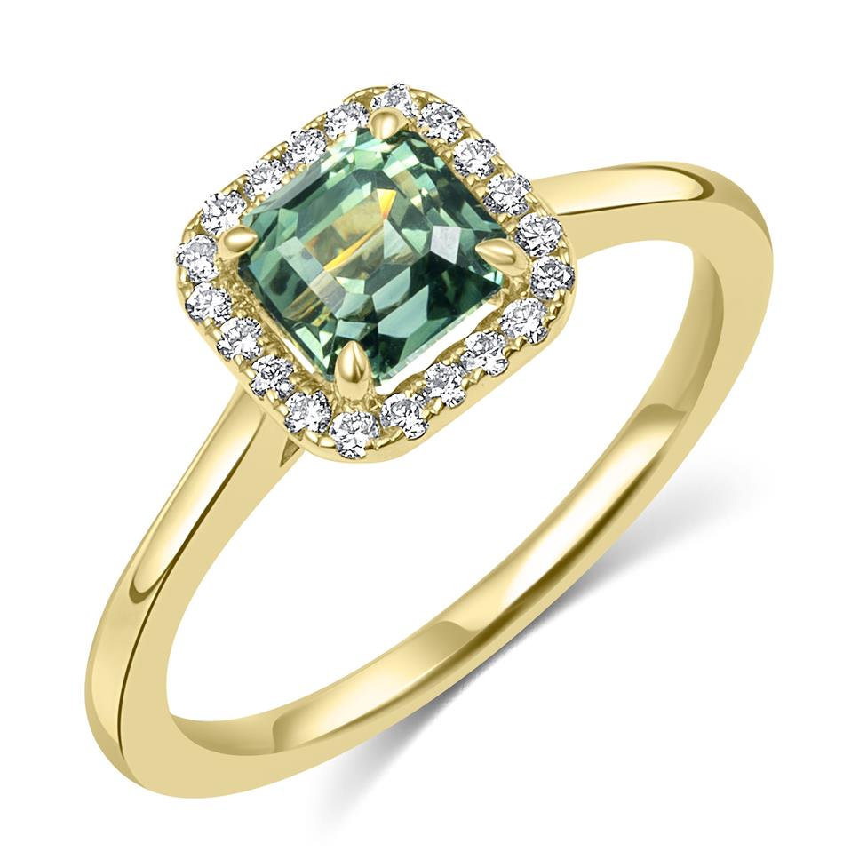 18ct Yellow Gold Asscher Cut Green Sapphire and Diamond Halo Engagement Ring Thumbnail Image 0