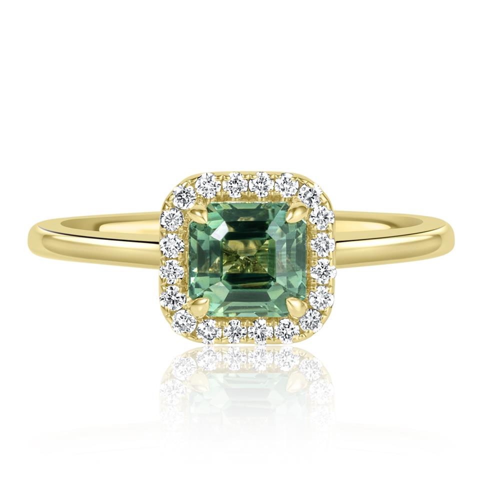 18ct Yellow Gold Asscher Cut Green Sapphire and Diamond Halo Engagement Ring Thumbnail Image 1