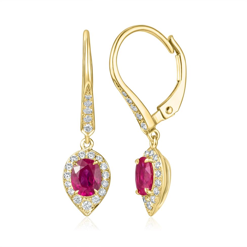 Camellia 18ct Yellow Gold Pear Cluster Ruby and Diamond  Drop Earrings  Thumbnail Image 0