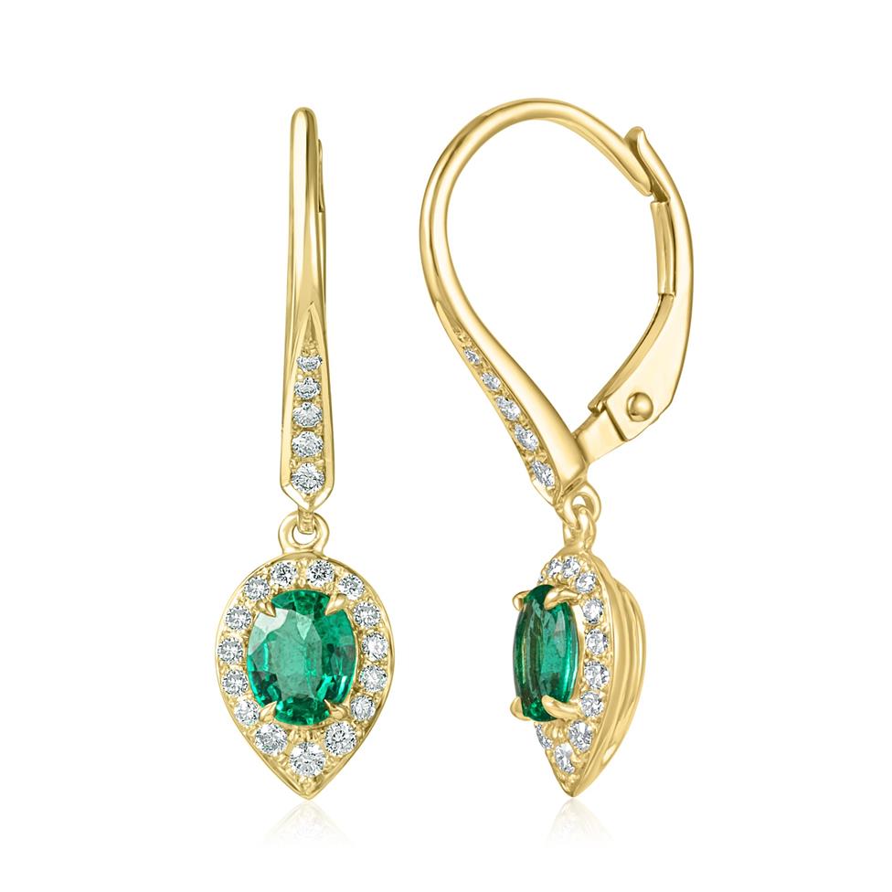 Camellia 18ct Yellow Gold Pear Cluster Emerald and Diamond Drop Earrings  Thumbnail Image 0