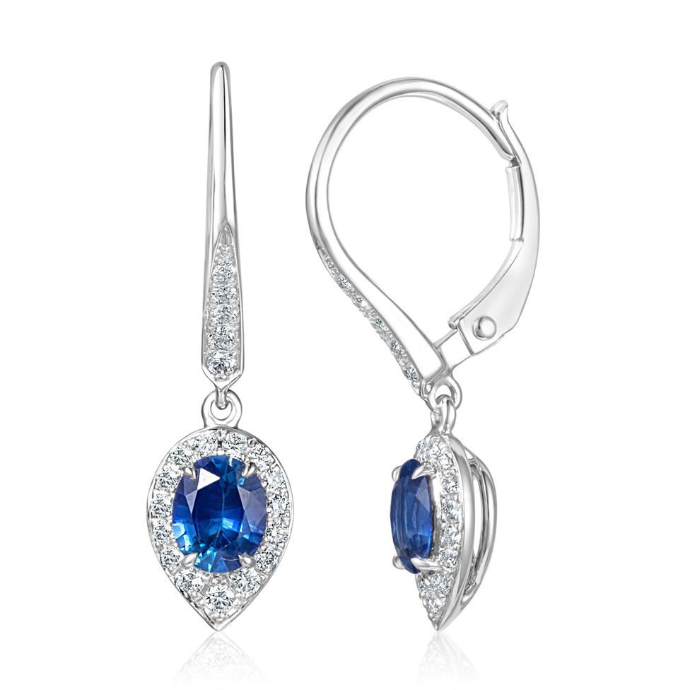 Camellia 18ct White Gold Pear Cluster Sapphire and Diamond Drop Earrings Thumbnail Image 0