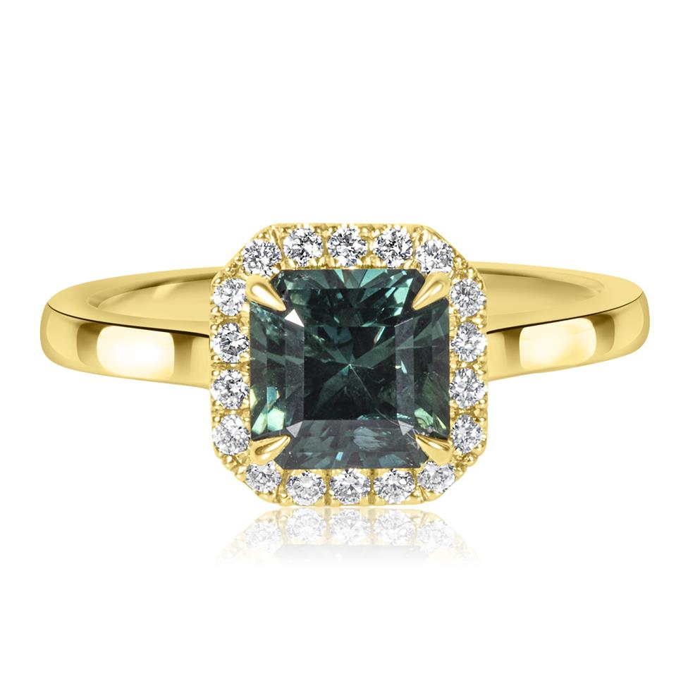 18ct Yellow Gold Asscher Cut Teal Sapphire and Diamond Halo Ring Thumbnail Image 2