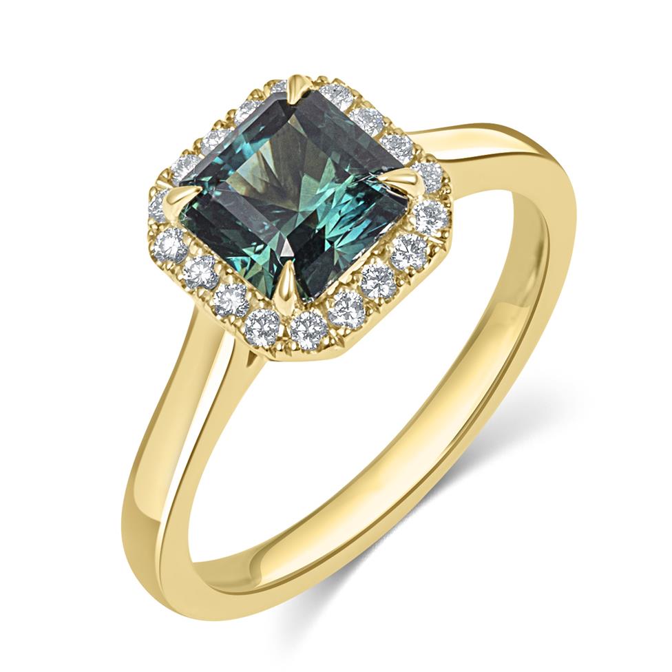18ct Yellow Gold Asscher Cut Teal Sapphire and Diamond Halo Ring Thumbnail Image 0