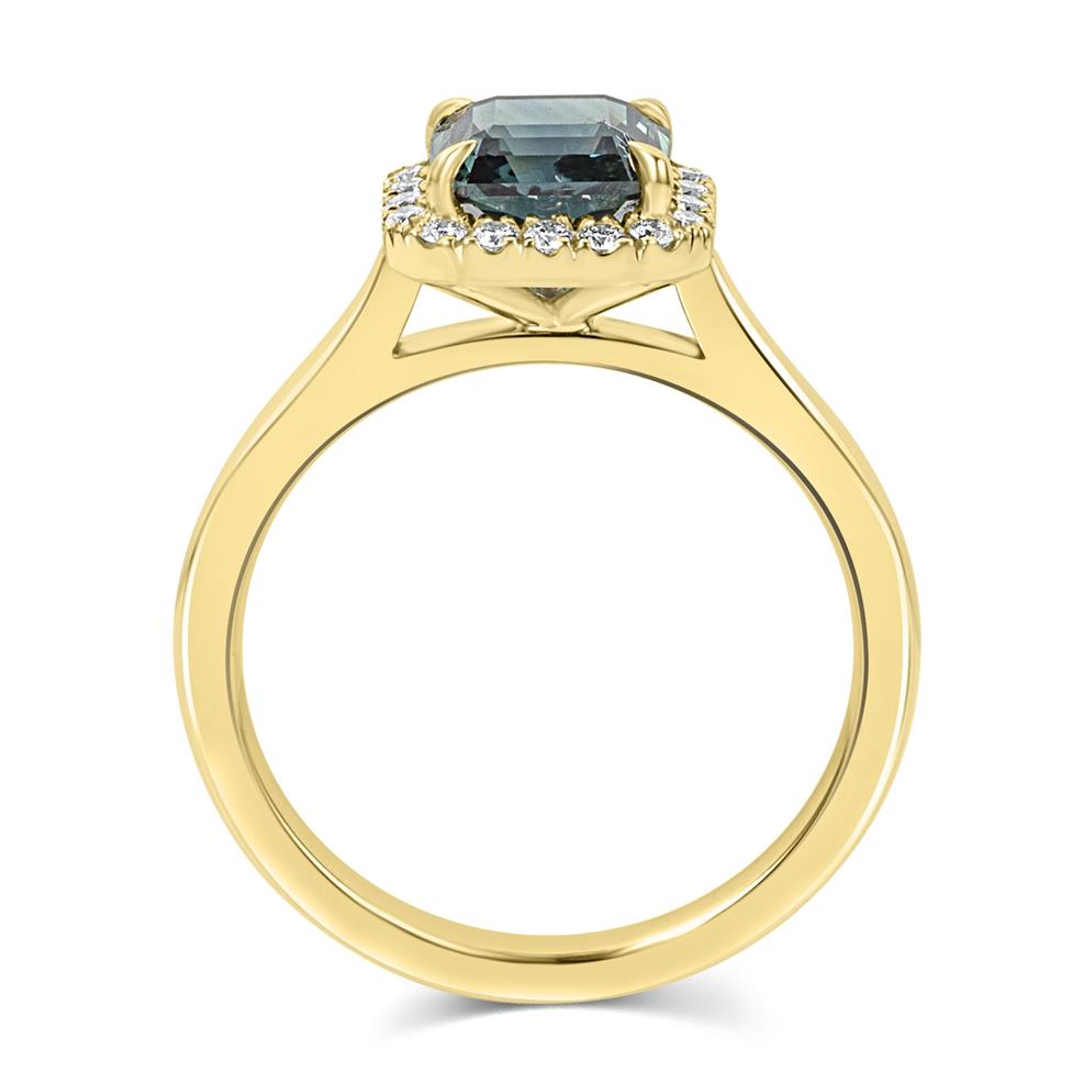 18ct Yellow Gold Asscher Cut Teal Sapphire and Diamond Halo Ring Thumbnail Image 3
