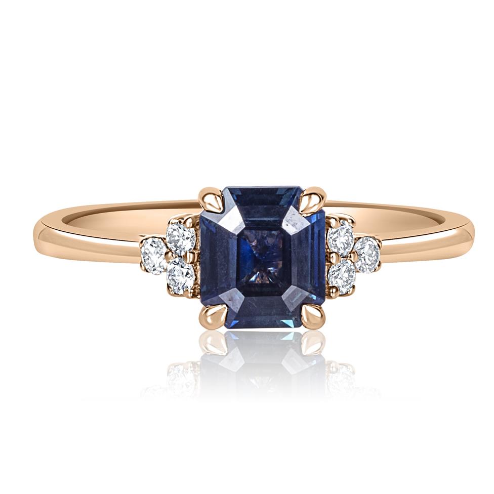 18ct Rose Gold Emerald Cut Teal Sapphire and Diamond Engagement Ring 1.12ct Thumbnail Image 1