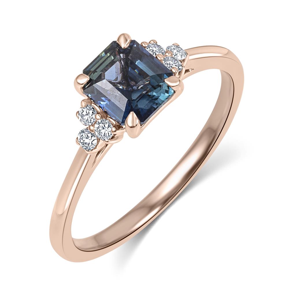 18ct Rose Gold Emerald Cut Teal Sapphire and Diamond Engagement Ring 1.12ct Thumbnail Image 0