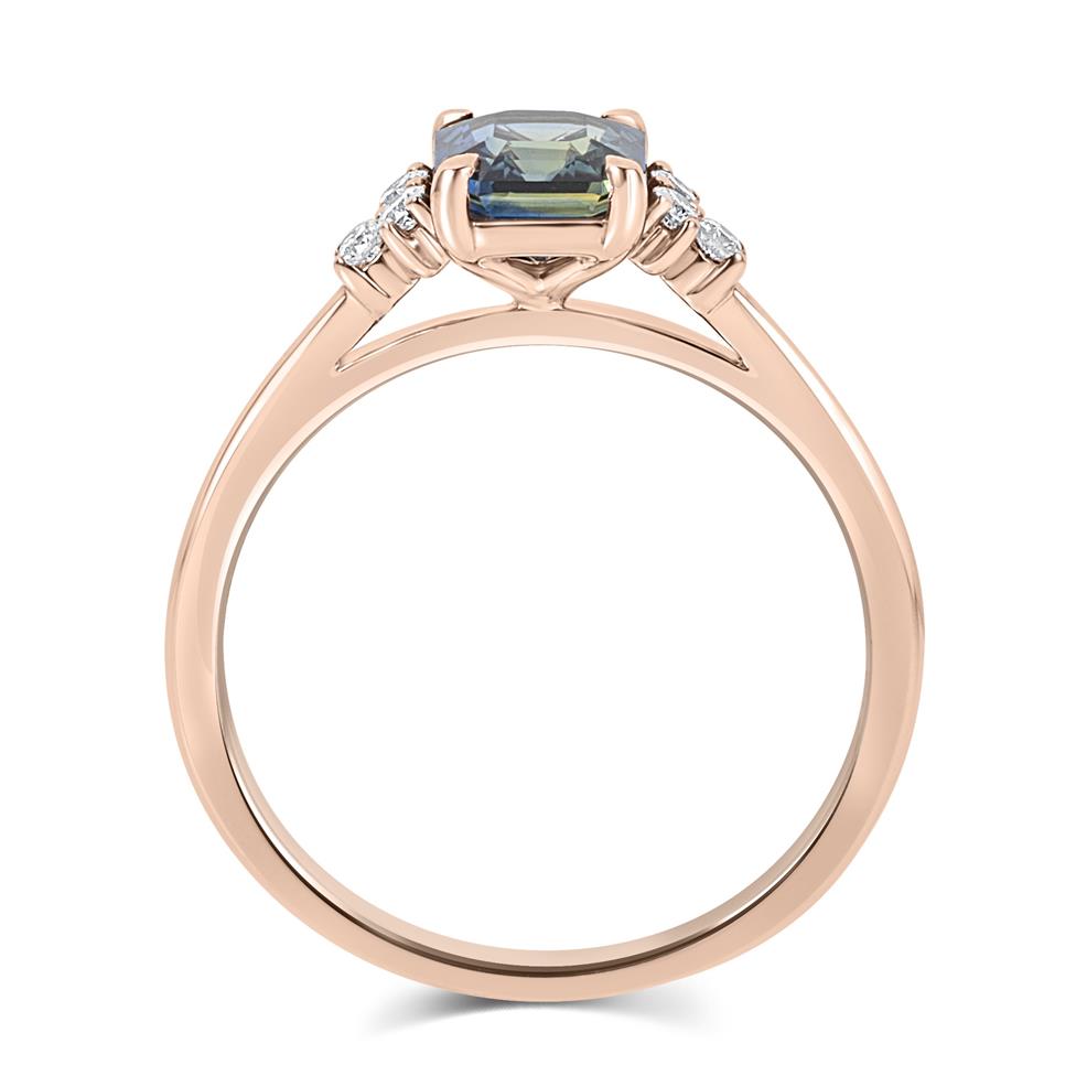 18ct Rose Gold Emerald Cut Teal Sapphire and Diamond Engagement Ring 1.12ct Thumbnail Image 2