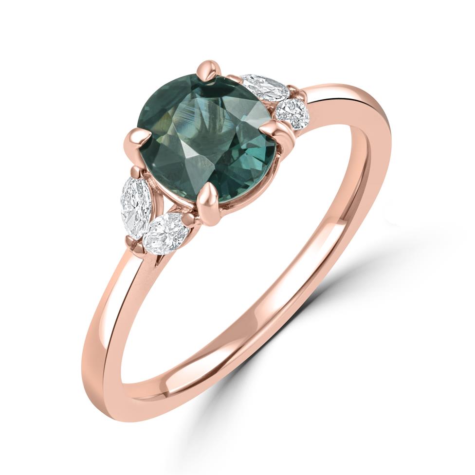 18ct Rose Gold Oval Teal Sapphire and Diamond Engagement Ring Thumbnail Image 0