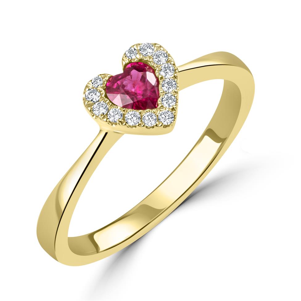 18ct Yellow Gold Heart Shape Ruby and Diamond Dress Ring Image 1