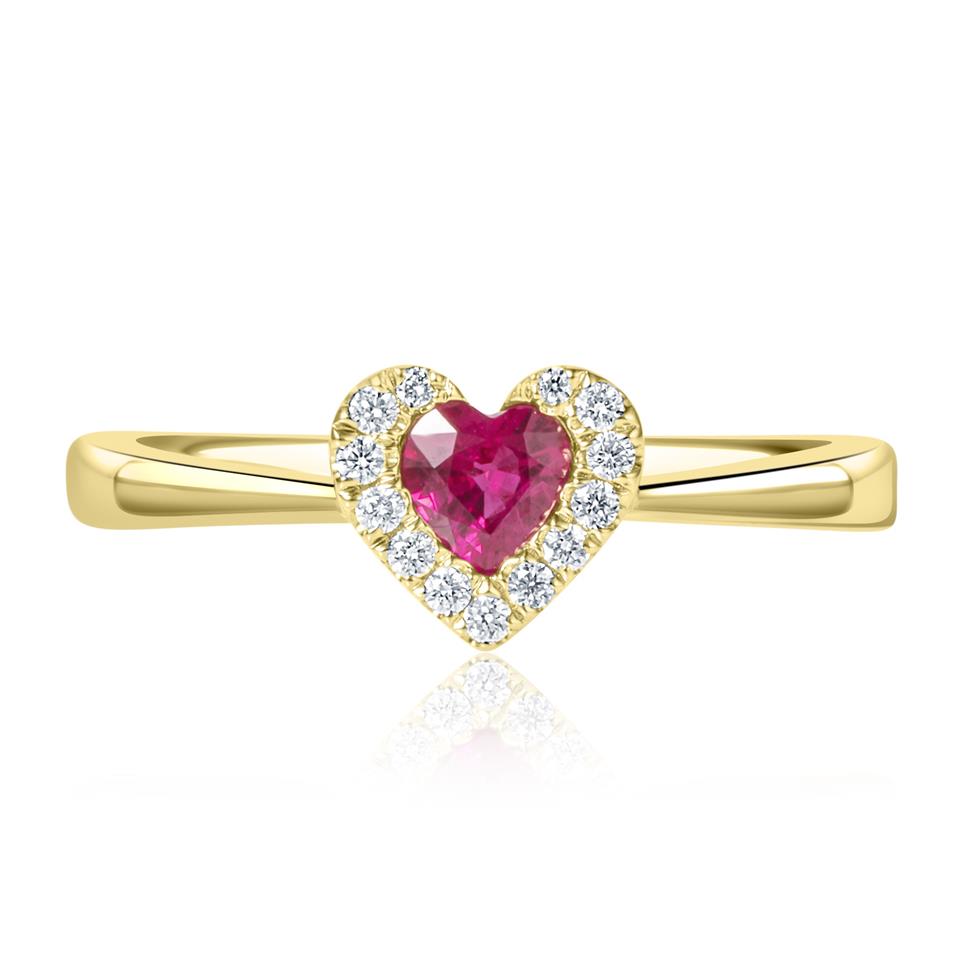 18ct Yellow Gold Heart Shape Ruby and Diamond Dress Ring Thumbnail Image 2