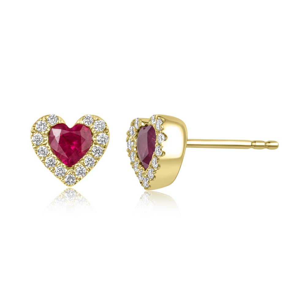 18ct Yellow Gold Heart Shape Ruby and Diamond Stud Earrings Thumbnail Image 0