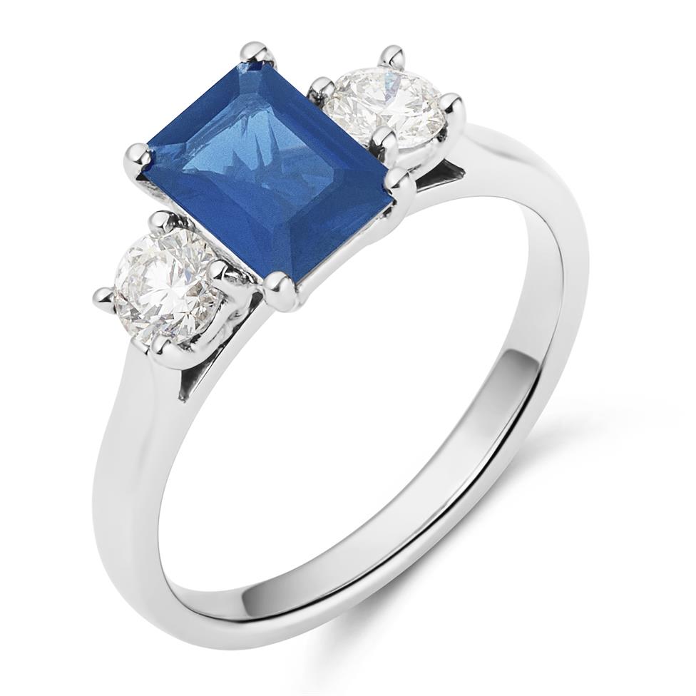 Platinum Emerald Cut Sapphire and Diamond Three Stone Engagement Ring Thumbnail Image 0