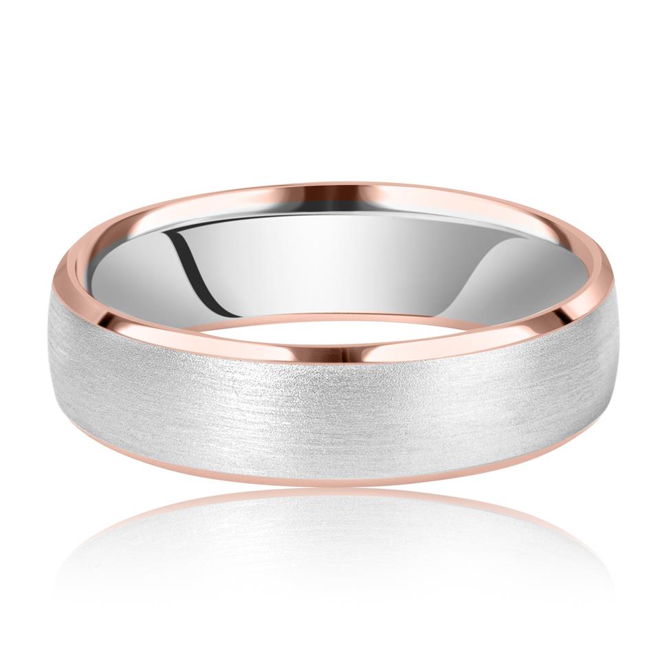 Platinum and 18ct Rose Gold Bevel Detail Wedding Ring Thumbnail Image 1